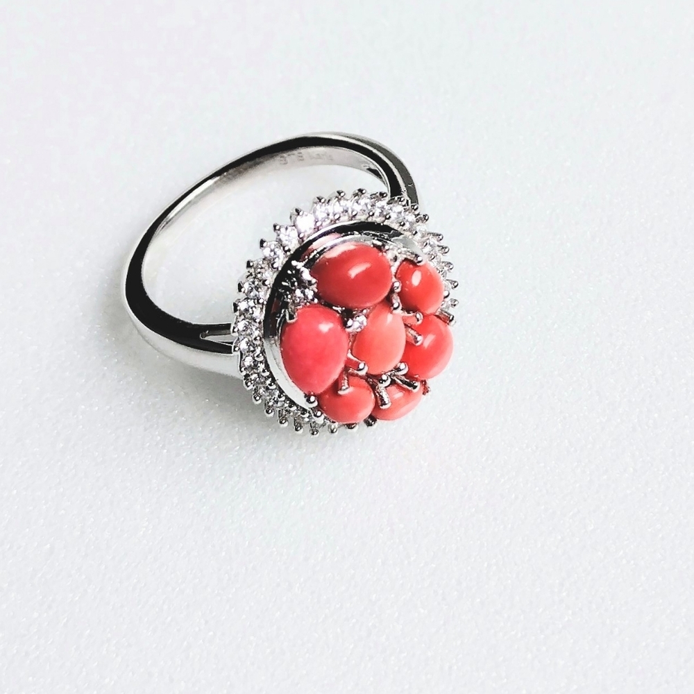 Gorgeous Peach Opal and White Zircon Blooming Ring in Platinum Bond 1.85 ctw